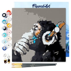 Mini Peinture par Numéro Figured'Art 20x20cm avec cadre Singe casque audio - Petit Format