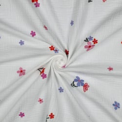 Tissu Double gaze de Coton Zohra petites fleurs brodées Bleu et Rose sur fond Blanc