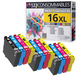 123CONSOMMABLES - 16XL - Pack de 12 cartouches d'encre compatible avec Epson Workforce WF-2750 WF-2760 WF-2660 WF-2650 WF-2630 WF-2540 WF-2530 WF-2510 WF-2010 - 123CONSOMMABLES