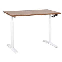 Bureau Réglable Manuellement Plateau Bois Foncé et Structure Acier Blanc 120 x 72 cm Hauteur Ajustable Assis Debout Pieds Ronds Design Moderne