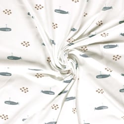Tissu Jersey Coton imprimé Nino poissons et sous marins sur fond Ecru
