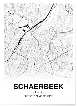 Affiche carte Schaerbeek - rectangle Noir et Blanc | A3 : 29,7x42cm