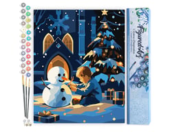 Peinture par Numéro Figured'Art - Garçon et Bonhomme de Neige par une Nuit d'Hiver - Kit de Loisir Créatif DIY Numéro d'Art Complet - 40x50cm sans châssis en bois