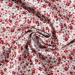 Tissu Toile Polycoton Liana fleurs Blanc et Rouge sur fond Naturel