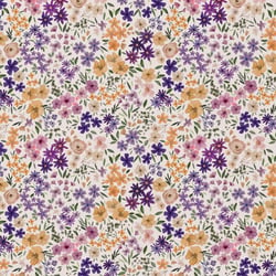 Tissu Coton imprimé digital Arty Romane fleuris jaune et lilas sur fond Ecru