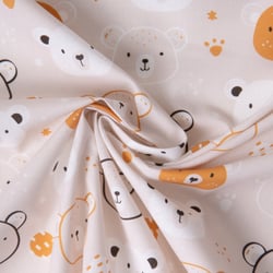 Tissu Coton imprimé Happy Teddy sur fond Beige clair