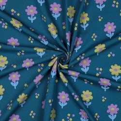 Tissu Jersey Coton imprimé Fleurs pailletées Vert et parme sur fond Bleu canard