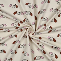 Tissu Sweat léger Bio Jennifer Bouron chiens Rose et Marron sur fond Ecru