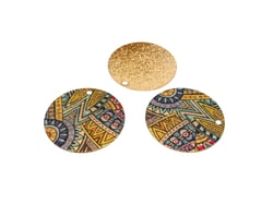 2 Breloques rondes 20mm pailletées imprimé art deco bleu-jaune-doré
