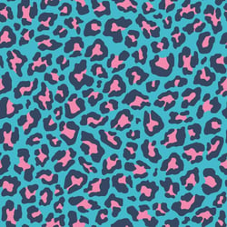 Tissu Popeline de Coton Léo Pop tacheté Léopard rose et bleu marine sur fond Bleu turquoise