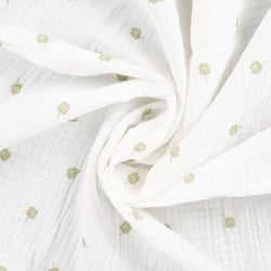 Tissu Double gaze de Coton Trèfle vert d'eau sur fond Blanc cassé