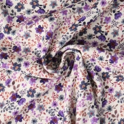 Tissu Jersey Bord Côte stretch fleurs Ambrie Violettes sur fond Blanc