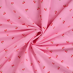 Tissu Jersey Coton imprimé Cerises rouges sur fond Rose