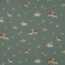 Tissu Popeline de Coton beige Poneya sur fond Vert amande - Au mètre