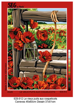 Canevas antique Le vieux puit aux coquelicots 45x60cm