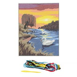 Kit complet canevas 15 x 20 cm motif paysage cygne étang
