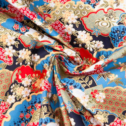 Tissu Coton imprimé Foil Arty Hokkaido motifs traditionnel sur fond Bleu ciel