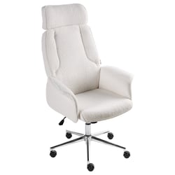 Chaise de Bureau Blanc Cassé en Bouclé Hauteur Réglable Pivotante avec Accoudoirs Évasés et Roulettes Style Moderne