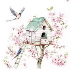 4 serviettes en papier découpage collage 33 cm NICHOIR OISEAU BRANCHE DE FLEURS OSS 106