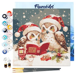Mini Peinture par Numéros Figured'Art 20x20cm avec cadre Chouettes Père Noël Lisant - Petit Format