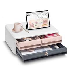Module organisateur bureau Support d'écran avec serrure 2 petits + 1 grand tiroirs MoovUp Mineral Rose poudré - CEP