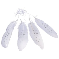 Plume déco blanche av. étoiles, argent, 15 - 17cm, av. cordon, 4 pces