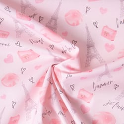 Tissu Coton imprimé Love Paris sur fond Rose pâle