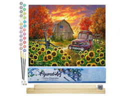Peinture par Numéro Figured'Art - Tournesols devant la grange - Kit de Loisir Créatif DIY Numéro d'Art Complet - 40x50cm toile roulée + châssis en bois à monter