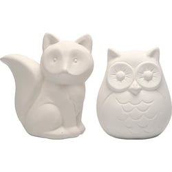 Tirelire, hibou et renard, H : 9 cm, blanc, 2 pièces/ 1 Pq.