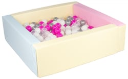 Piscine à balles carrée avec 300 balles – rose, bleu, jaune p/blanc, transparent, rose, argent - Velinda