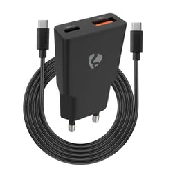 Nedis Chargeur Secteur GaN 20W USB-C Power Delivery et USB-A avec Câble Noir