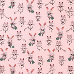 Tissu Jersey Coton Lapines et renardes Vertes et roses sur fond Rose