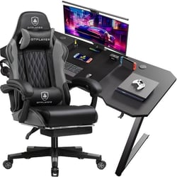 Chaise gaming avec bureau - GTPLAYER - Combo - Tissu gris/noir - Repose-pied télescopique