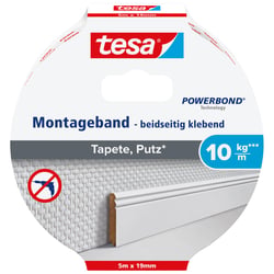 tesa Powerbond Adhésif Double Face de Fixation 10 kg/Mètre*- Ruban Adhésif de Fixation Murale pour Plâtre et Papier Peint – Bande 5 m x 19 mm