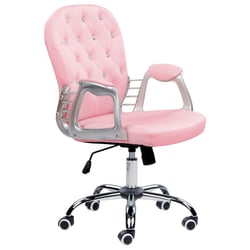 Chaise de Bureau Rose en Cuir PU à Dossier Capitonné Décoration Cristaux Réglable en Hauteur avec Bouton et Pivotement Complet