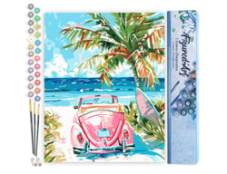 Peinture par Numéro Figured'Art - Voiture rose près de la mer - Kit de Loisir Créatif DIY Numéro d'Art Complet - 40x50cm sans châssis en bois