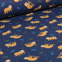 Tissu Jersey Coton Sloth sur fond Bleu marine - Au mètre