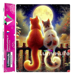 Diamond Painting Broderie Diamant LUMINLIFE 40x50cm, 100% strass, diamants ronds - Chats et la lune