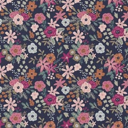 Tissu Coton imprimé Amadora fleurs Roses sur fond Bleu nuit - Au mètre