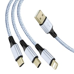 Avizar Câble 3 en 1 vers USB-C MicroUSB et Lightning Charge Rapide 1,2m Nylon Tressé Gris