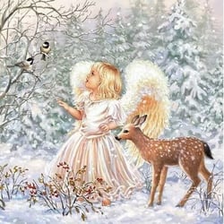 4 serviettes en papier découpage collage 33 cm ANGE BICHE OISEAU NATURE HIVER NOEL N 102
