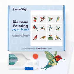Figured’Art Mini Série Diamond Painting - Coffret Premium 12 toiles de 15x18cm Oiseaux - Broderie Diamant avec Strass Carrés - Kit Complet
