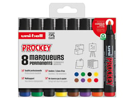 Uni-ball - Gamme PROCKEY - réf : PM122/8 PF - Marqueur pointe conique moyenne - Pochette de 8 - 1,8 - 2,2 mm - Noir, bleu, rouge, vert, jaune, marron, violet, orange
