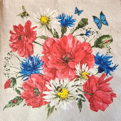 Lot de 4 serviettes en papier découpage collage 33 cm FLEUR ROUGE BLEU FL 132 EC