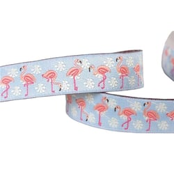 Galon jacquard flamants roses bleu clair 16mm au mètre