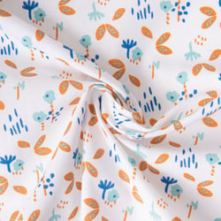 Tissu Coton imprimé Fuzy motifs fleuris bleus et orange sur fond Blanc - Par Coupon de 3m