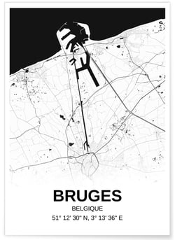 Affiche carte Bruges - rectangle Noir et Blanc | A3 : 29,7x42cm