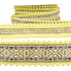 Bobine 10m Galon jacquard pompons Jaune paille 37mm