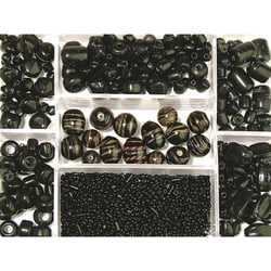 Boîte perles en verre, noir, Mélange couleurs+tailles, Boite 115g