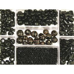 Boîte perles en verre, noir, Mélange couleurs+tailles, Boite 115g